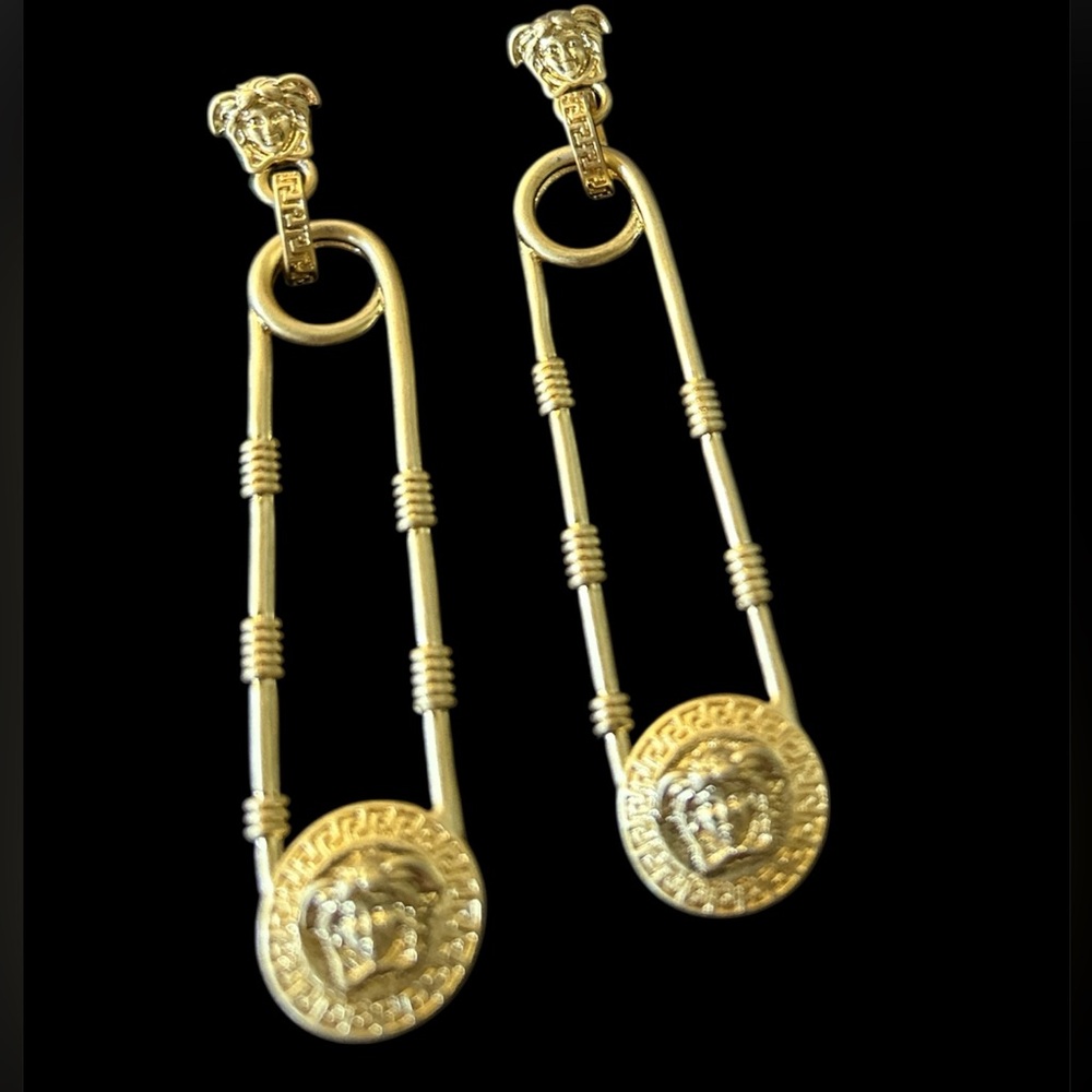 Versace Gold Medusa Drop Safety Pin Earrings! NIB! - Picture 3 of 5